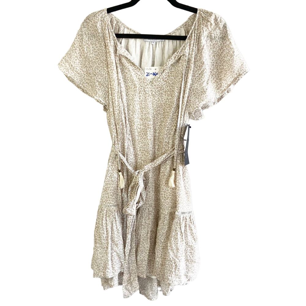Olivaceous S Cream Boho Animal Print Belted Tassel Ruffle Flowy Mini Dress - Picture 3 of 10